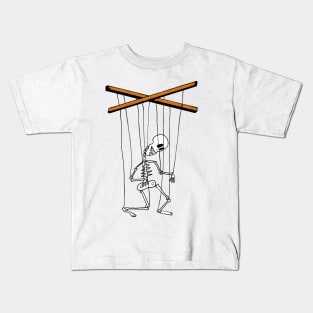 Skeleton Puppet Hanging from Strings with Wood Controls Kids T-Shirt